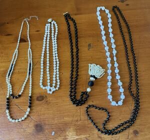 Vintage Black White Bead Necklace Lot Monochrome Costume Jewelry Collection